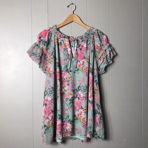 NY COLLECTION SAGE GREEN FLORAL SHEER BLOUSE RUFFLE SLEEVE LINED WOMENS 1X